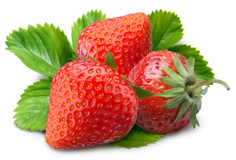 Photos of strawberries on leaves